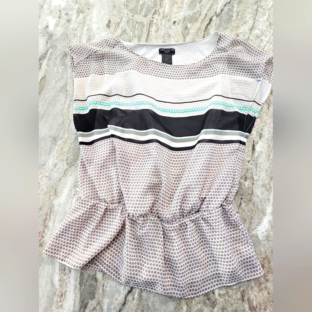 Ann Taylor Petite Peplum Blouse - Polka Dot & Stripe Print, Sleeveless Small